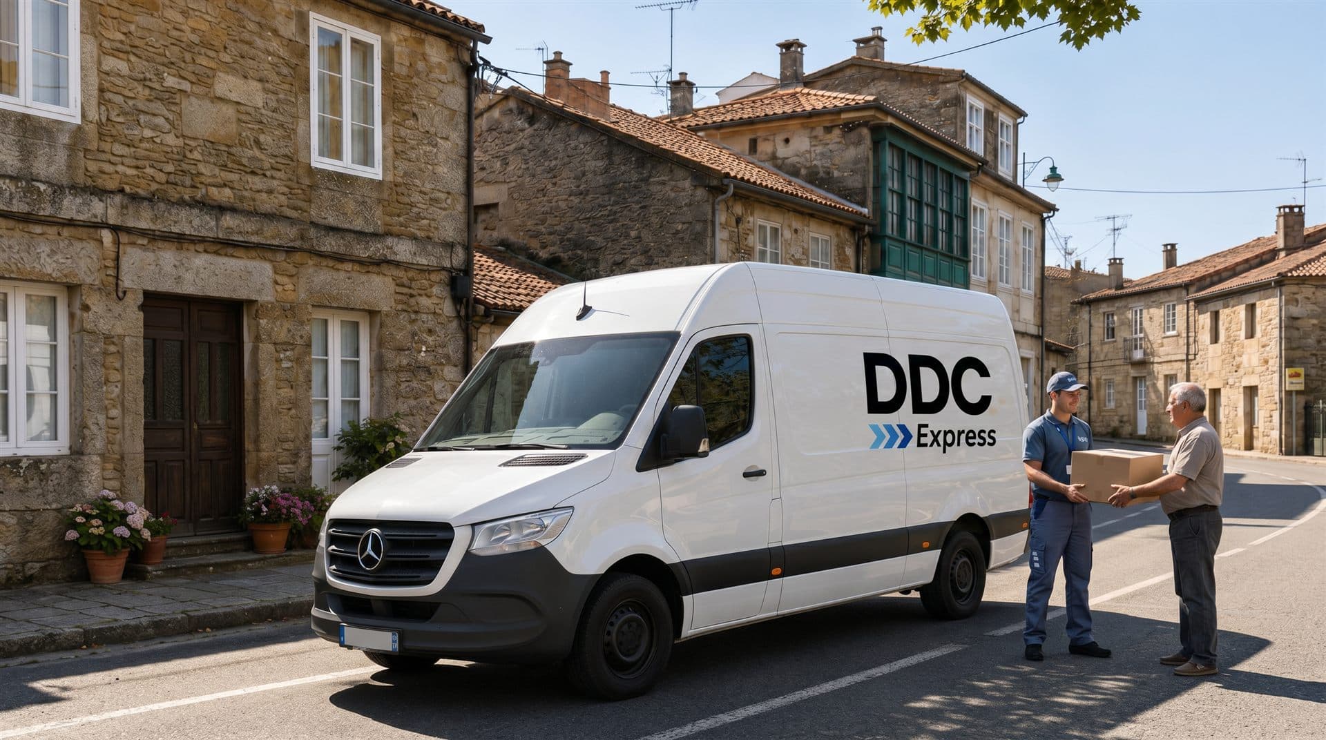 Mensajero de DDC Express entregando un paquete en mano junto a la furgoneta de reparto