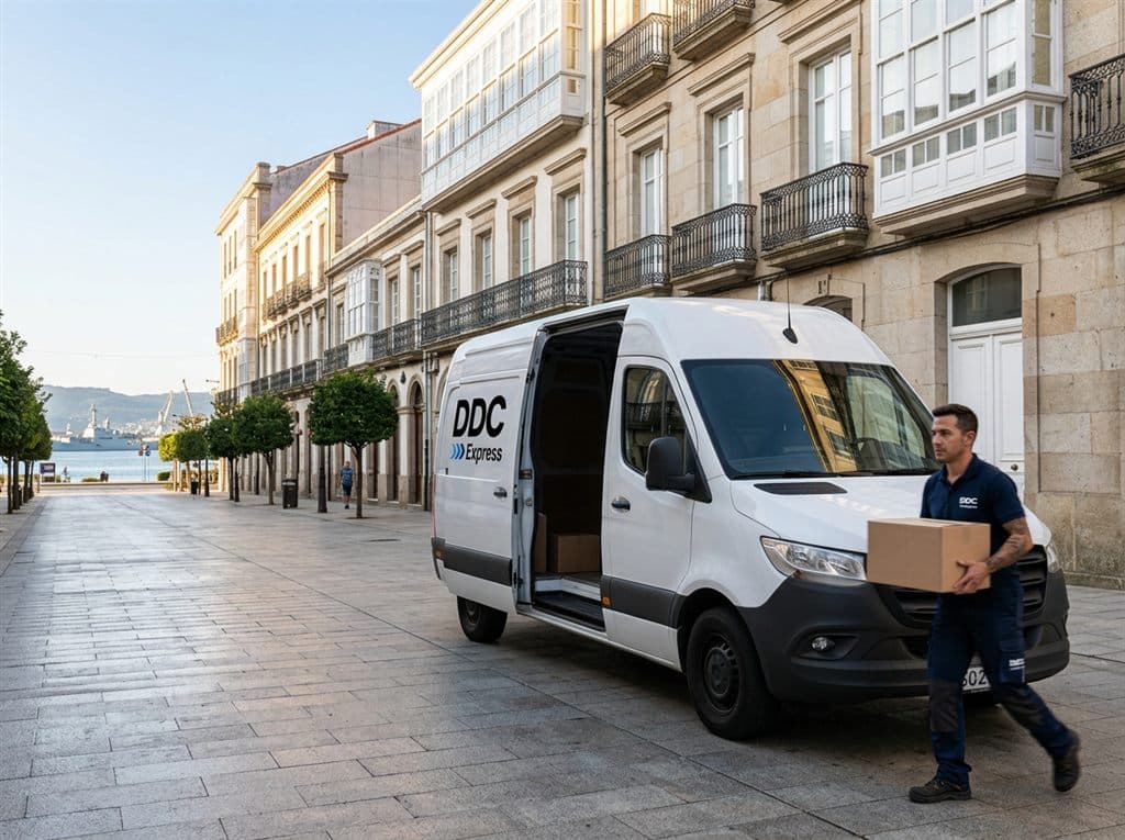 Mensajero de DDC Express con un paquete urgente junto al puerto de Ferrol