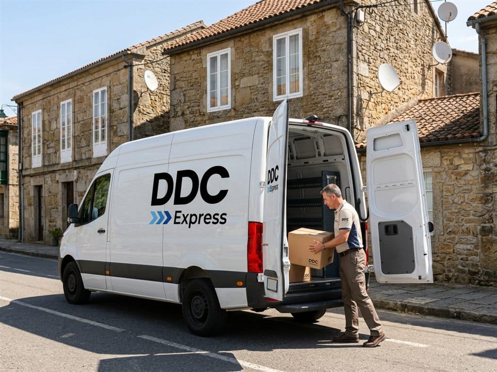 Mensajero de DDC Express cargando cajas en la furgoneta de reparto en Ferrol