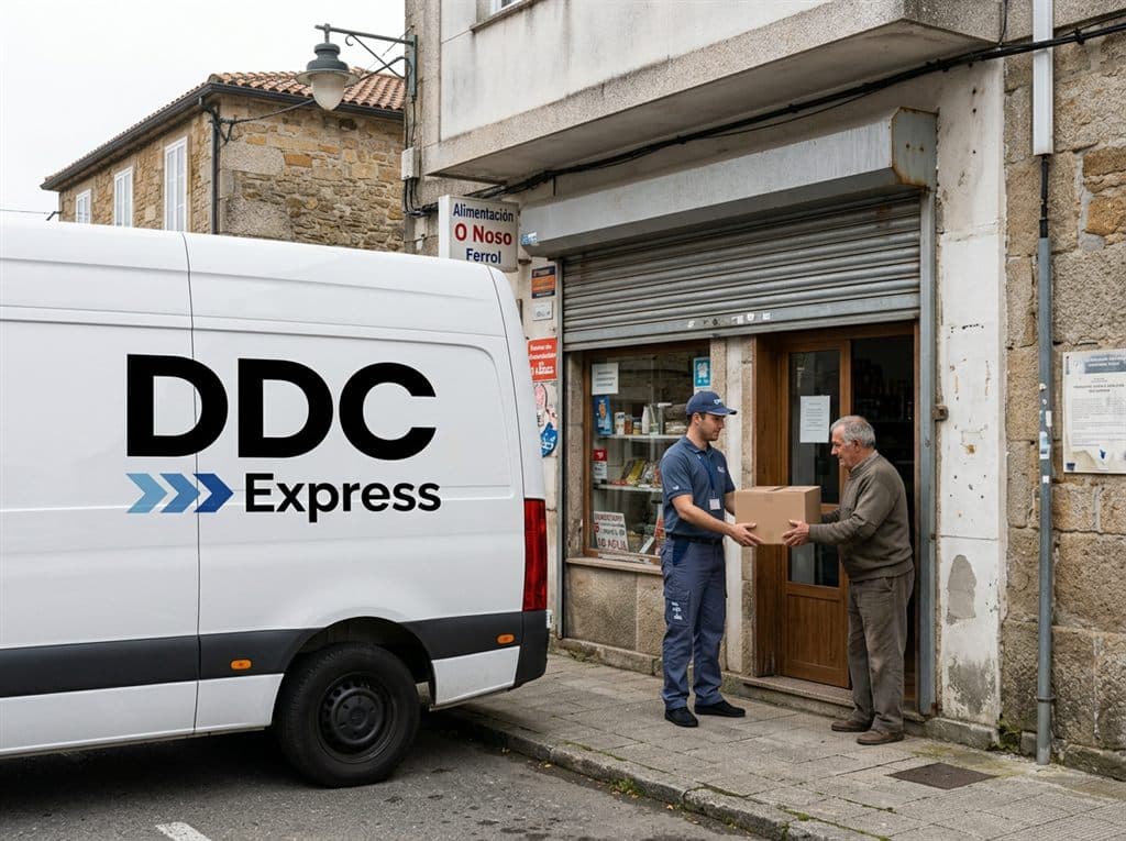 Mensajero de DDC Express entregando un pedido a un comercio de barrio en Ferrol